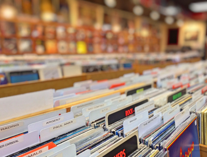 Stacks of Vinyl Records in a Record Store